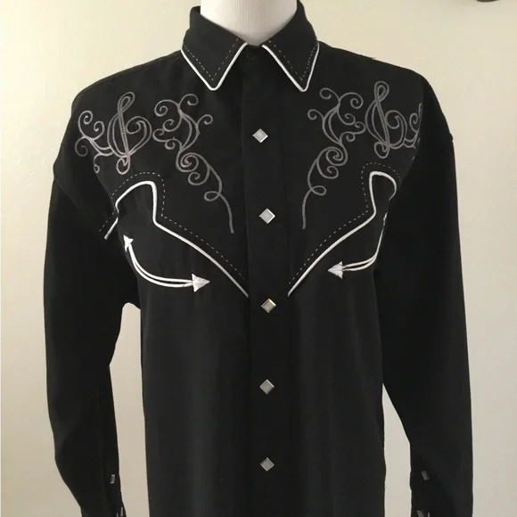 Panhandler Slim Western Wear Black Embroidered Pearl Diamond Snap Button Shirt - Picture 1 of 14